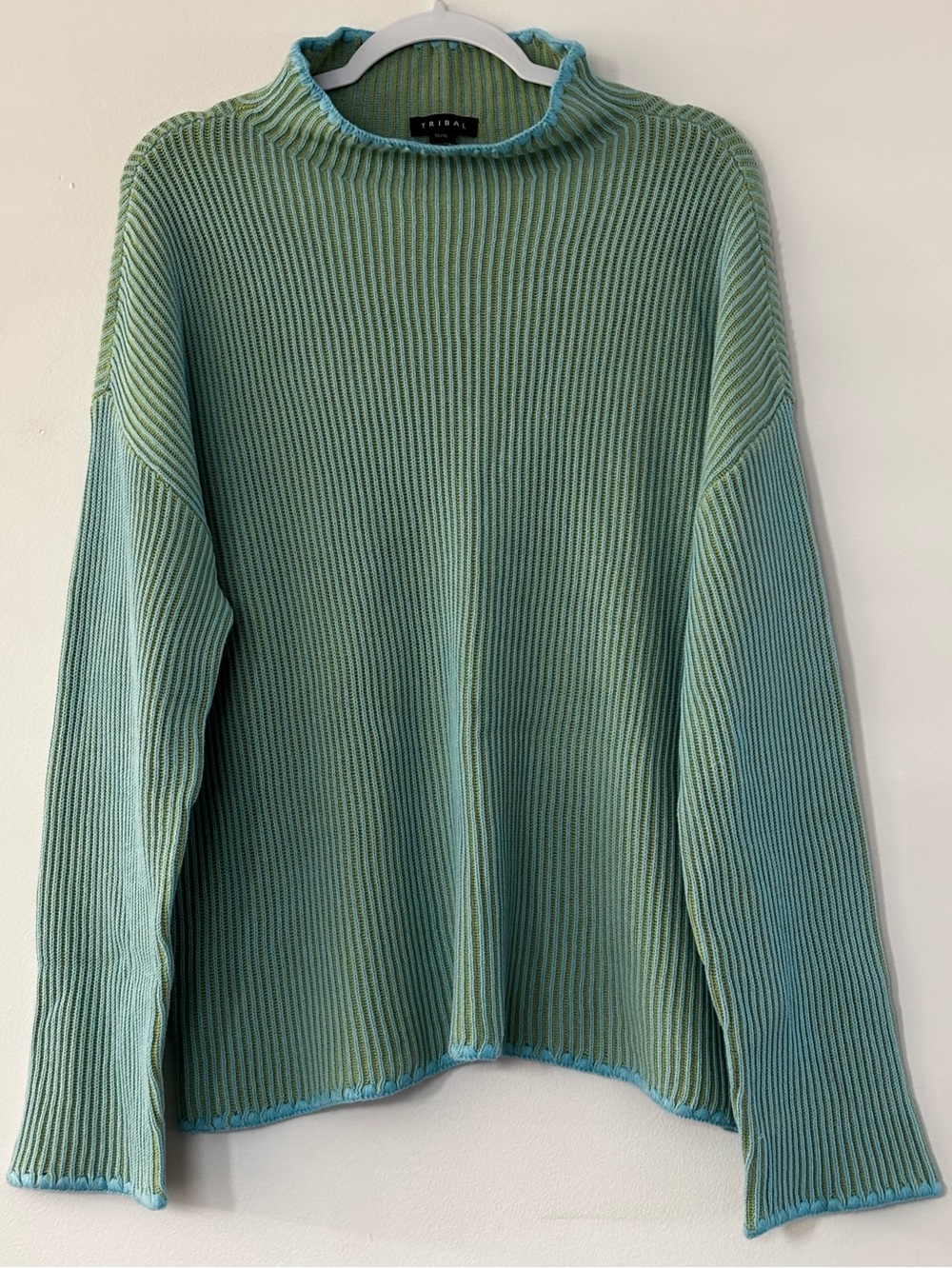 TRIBAL Ribbed Turtleneck Sweater in Aqua and Lime - Size XL - Picture 5 of 12